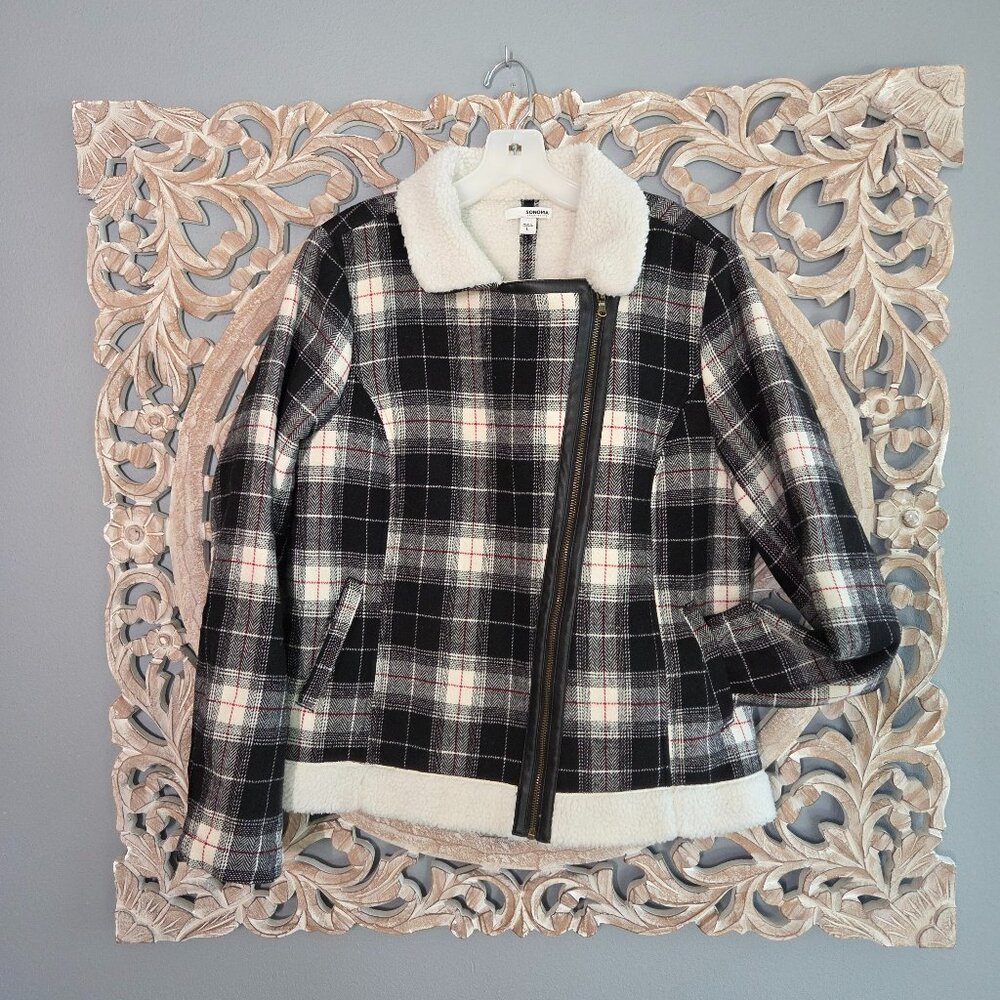 Sonoma Women's black white plaid sherpa motorcycle jacket Large